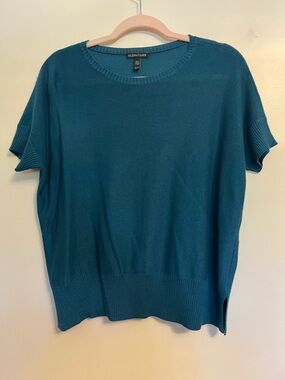 Eileen Fisher Deep Teal Short-Sleeve Knit Top Merino Blend Summer Sweater XS
